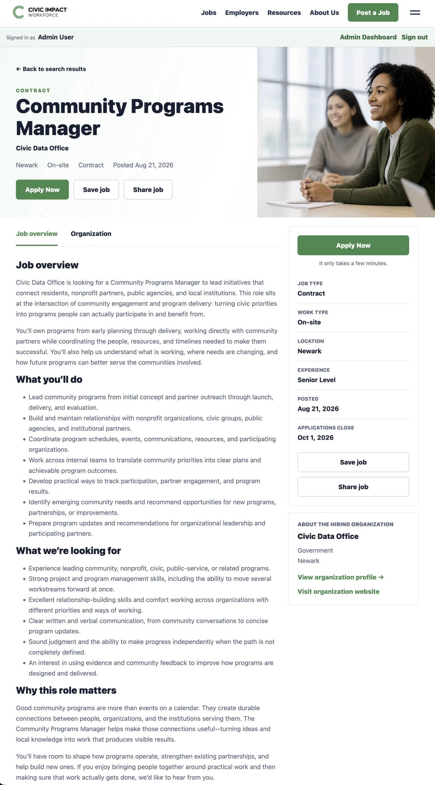 A complete Civic Impact Workforce job detail page for a Community Programs Manager role, including responsibilities, qualifications, application details, and hiring-organization context.
