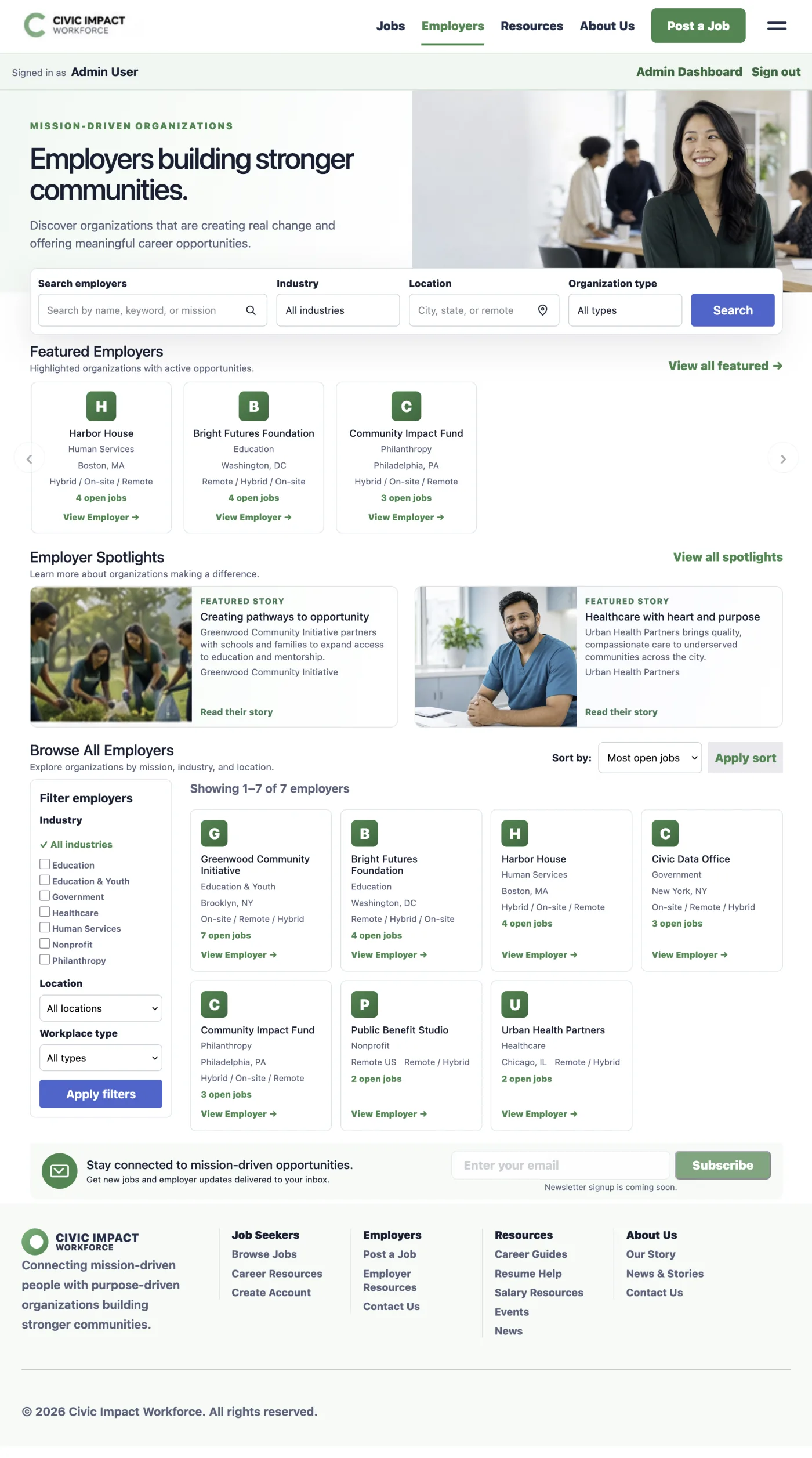 The Civic Impact Workforce employer marketplace with employer search, featured organizations, employer stories, and open opportunities.