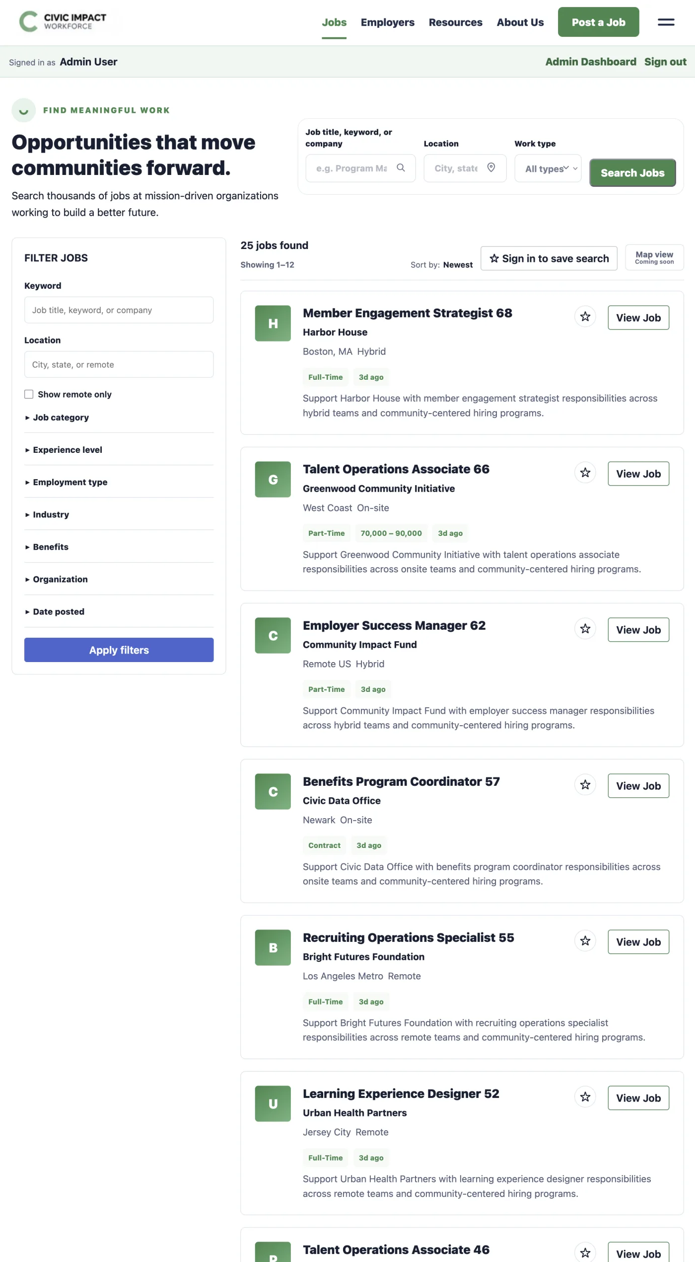The Civic Impact Workforce jobs listing with job search, filters, saved-search access, and current opportunities.
