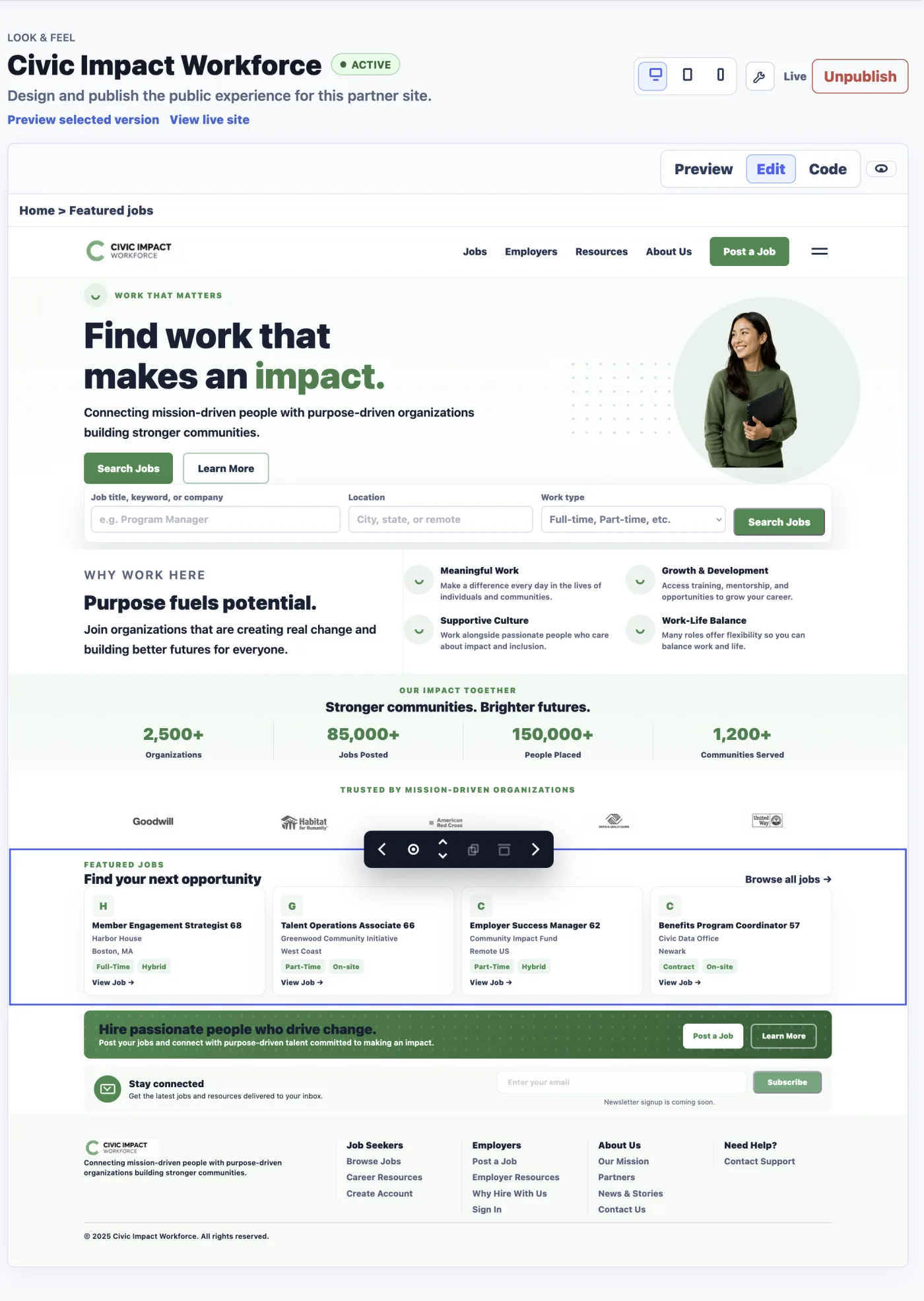 The Fernain Jobs visual Site Builder editing a selected section of the Civic Impact Workforce career-center homepage.