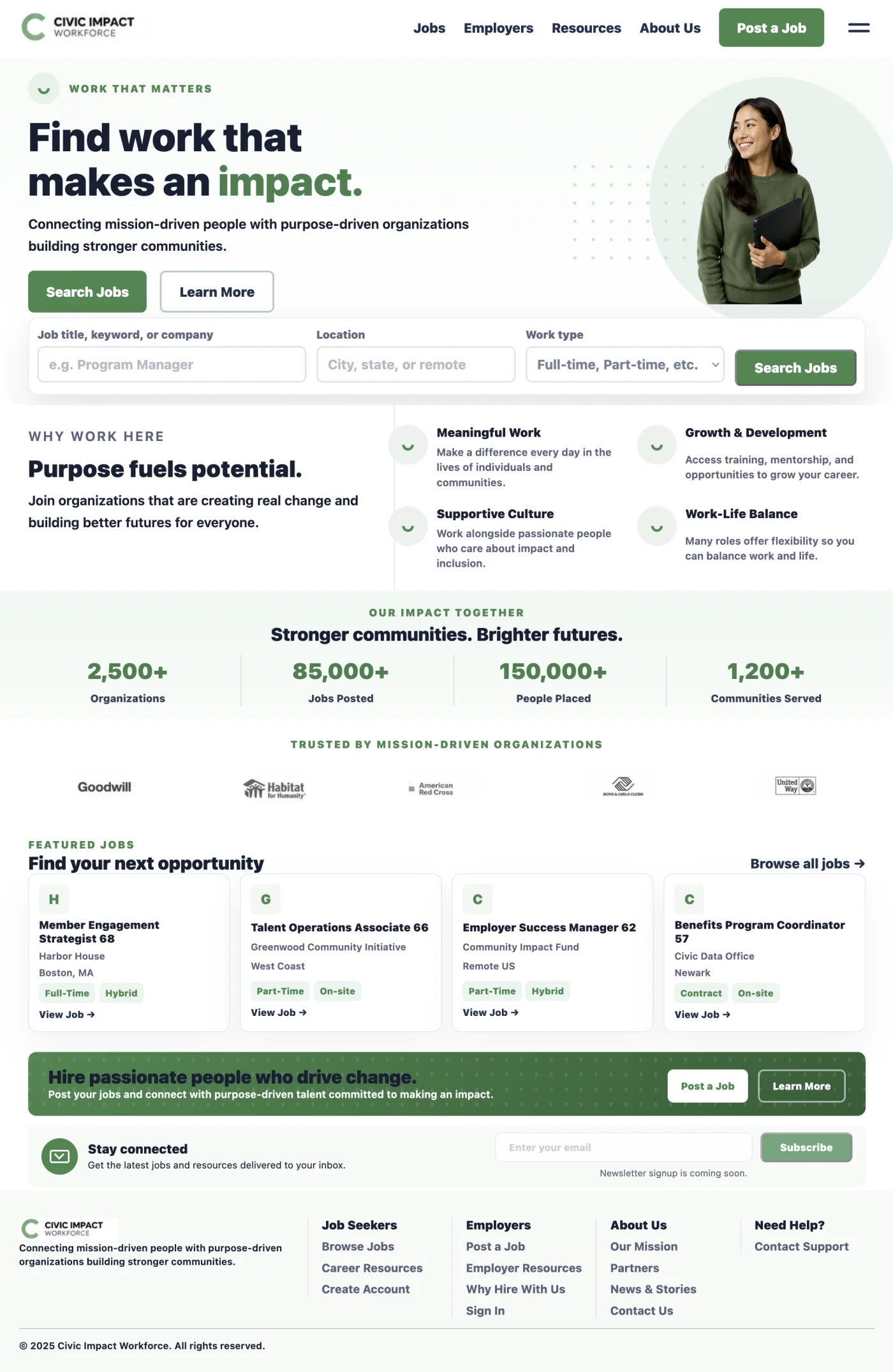 The Civic Impact Workforce career-center homepage built with Fernain Jobs Site Builder.