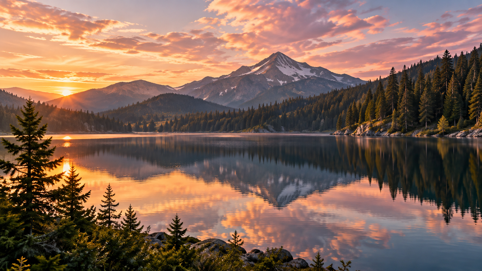 Still water reflects a mountain beneath a warm evening sky.