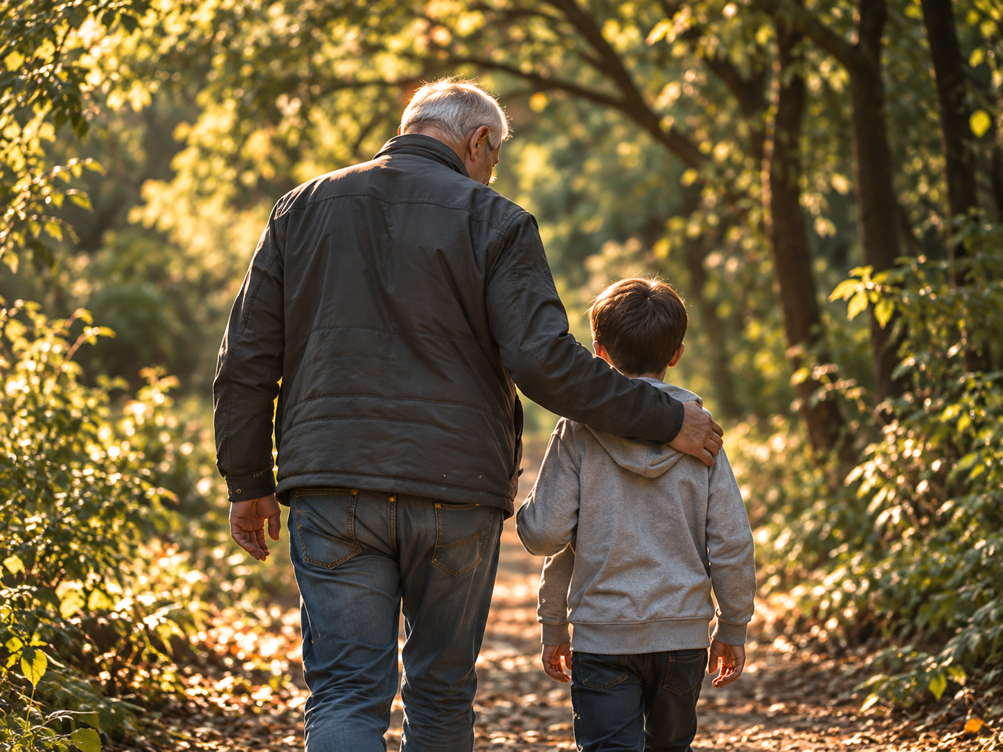An older man and a child walk together along a sunlit woodland path.